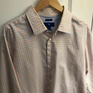 Men's XL White w Blue/Orange Grid Dress Shirt